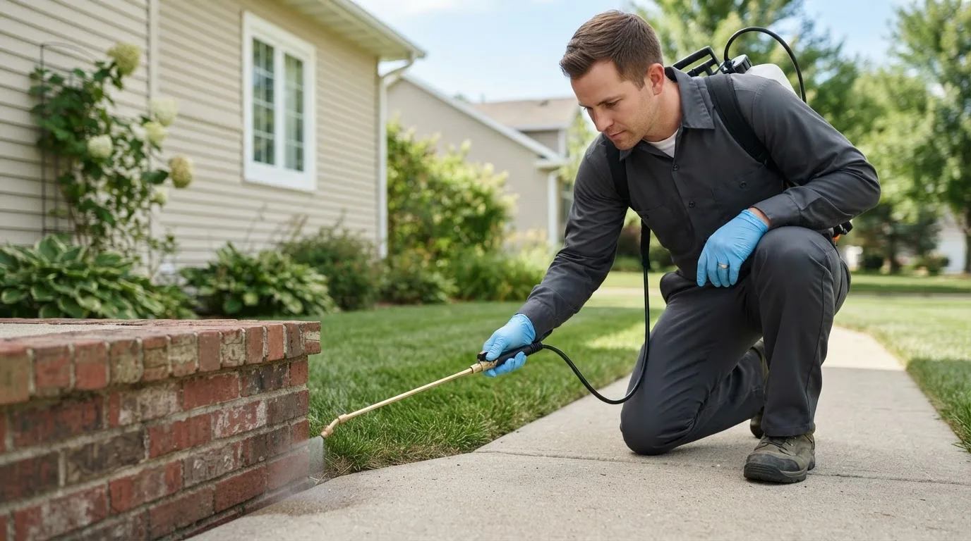 Pest control technician treating a home near Hettick, IL